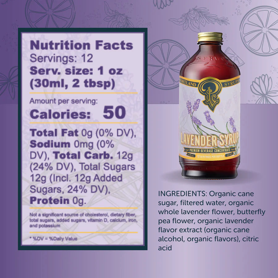 Portland Syrups Lavender Syrup bottle with nutrition facts and ingredients.