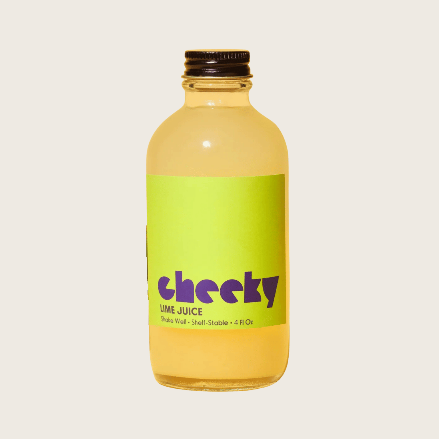 Bottle of cheeky lime juice on a light gray background style=