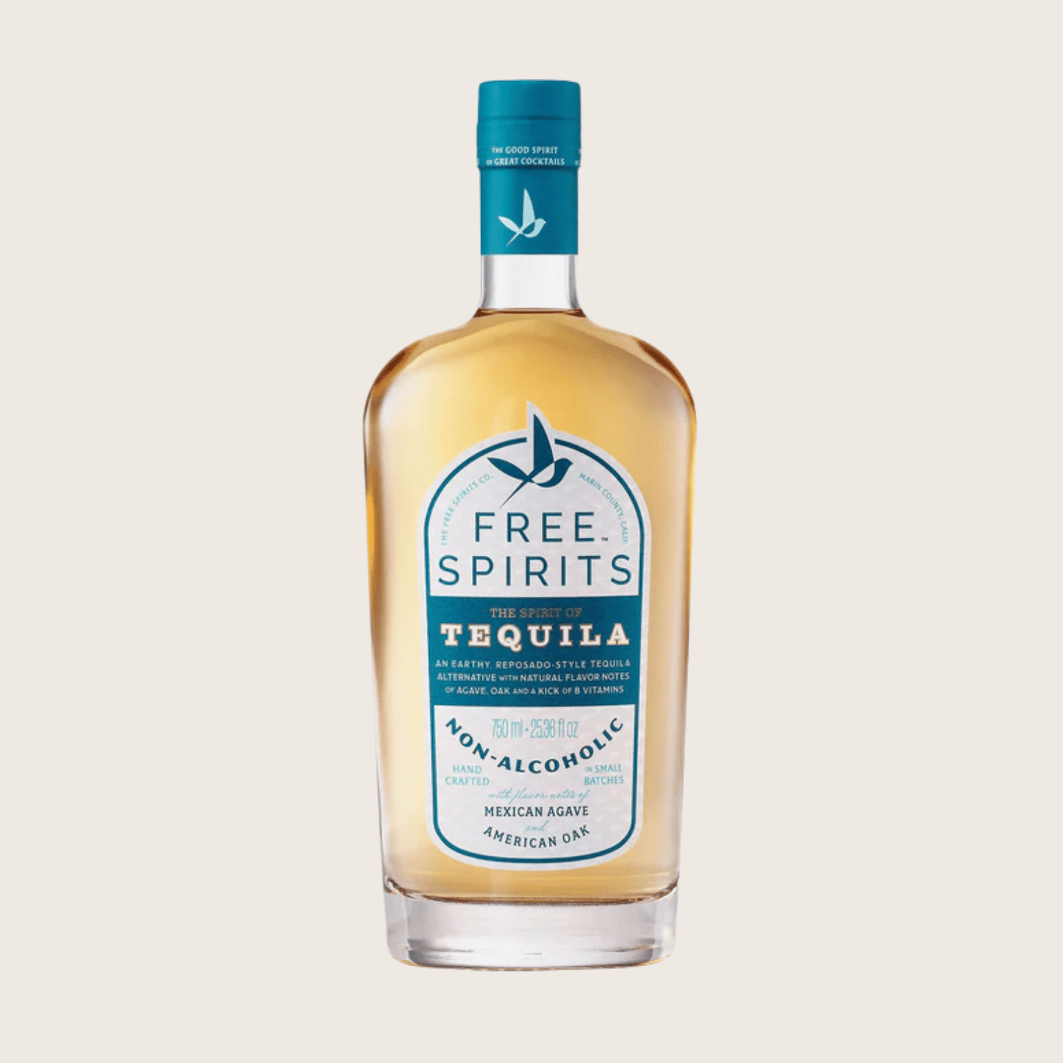 Bottle of Free Spirits non-alcoholic tequila on a light beige background