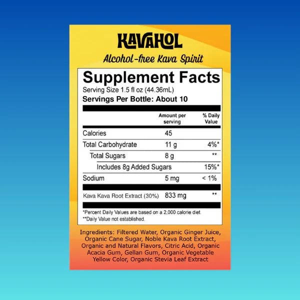 Supplement facts label for Kavahol Alcohol-free Kava Spirit on a blue background