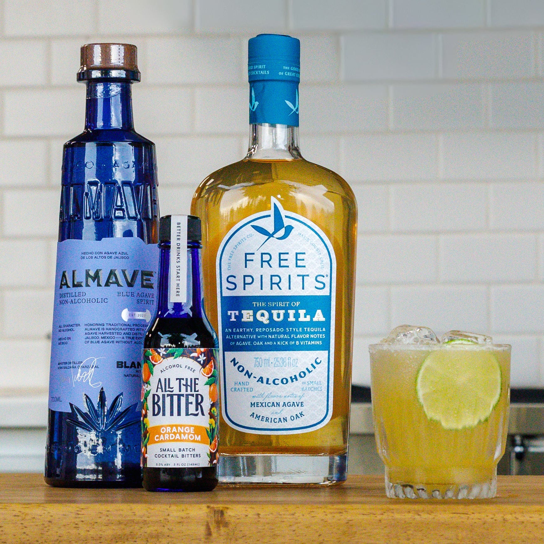 free spirits tequila and almave blanco with all the bitter orange in a non-alcoholic margarita