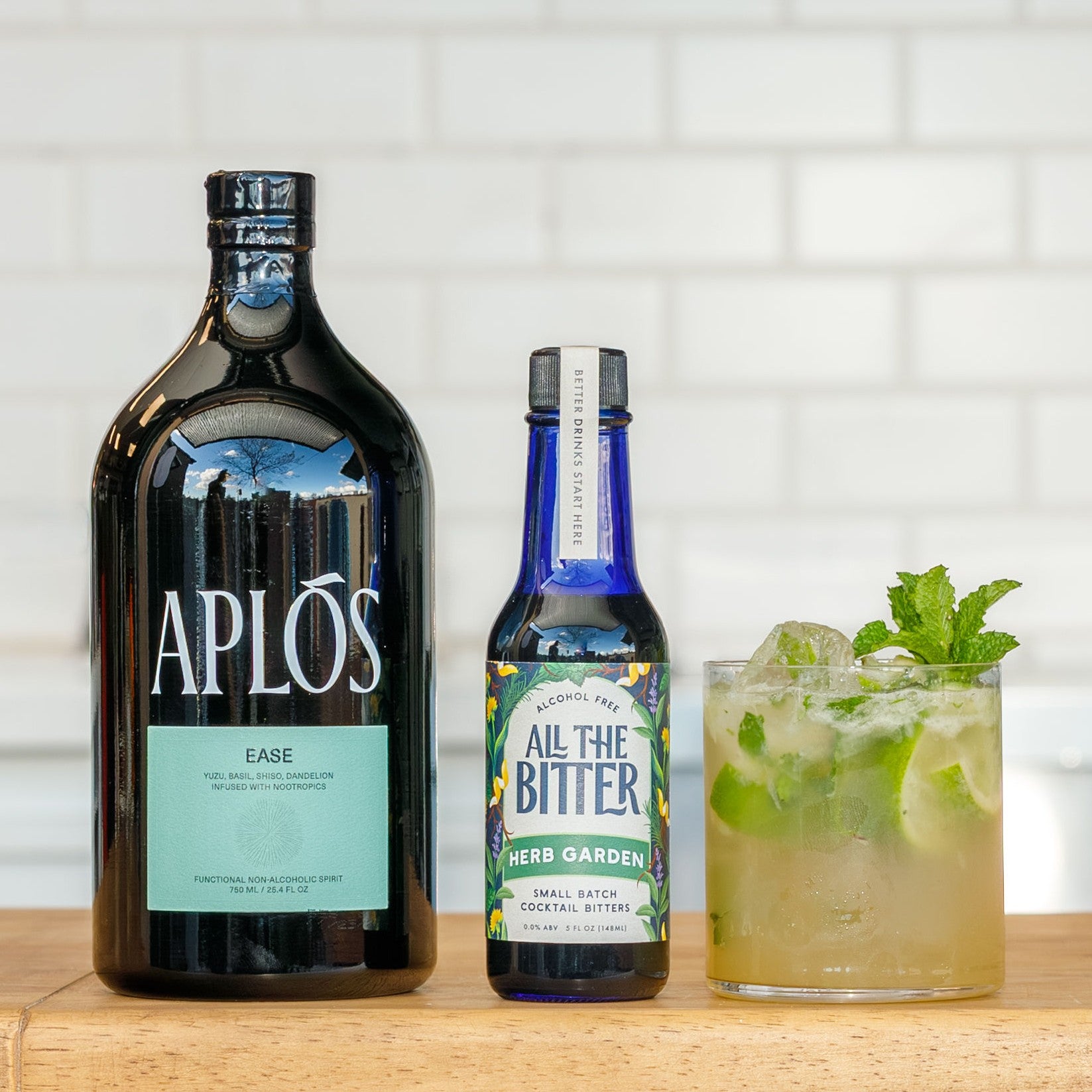 Nonalcoholic Easy Does It cocktail featuring Aplos Ease and All The Bitter Herb Garden, made in the style of a caipirinha meets mojito.