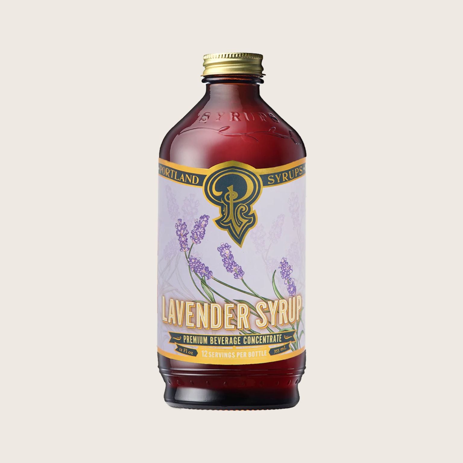 Bottle of Lavender Syrup from Portland Syrups on a beige background.