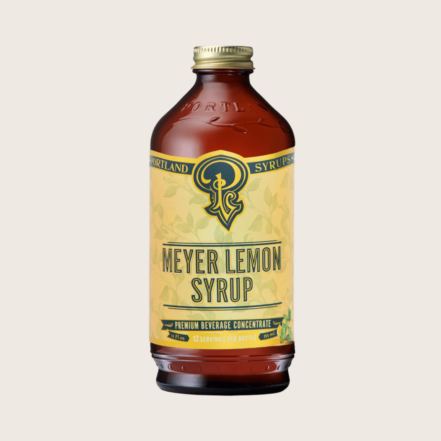 Bottle of Meyer Lemon Syrup with a yellow label on a beige background